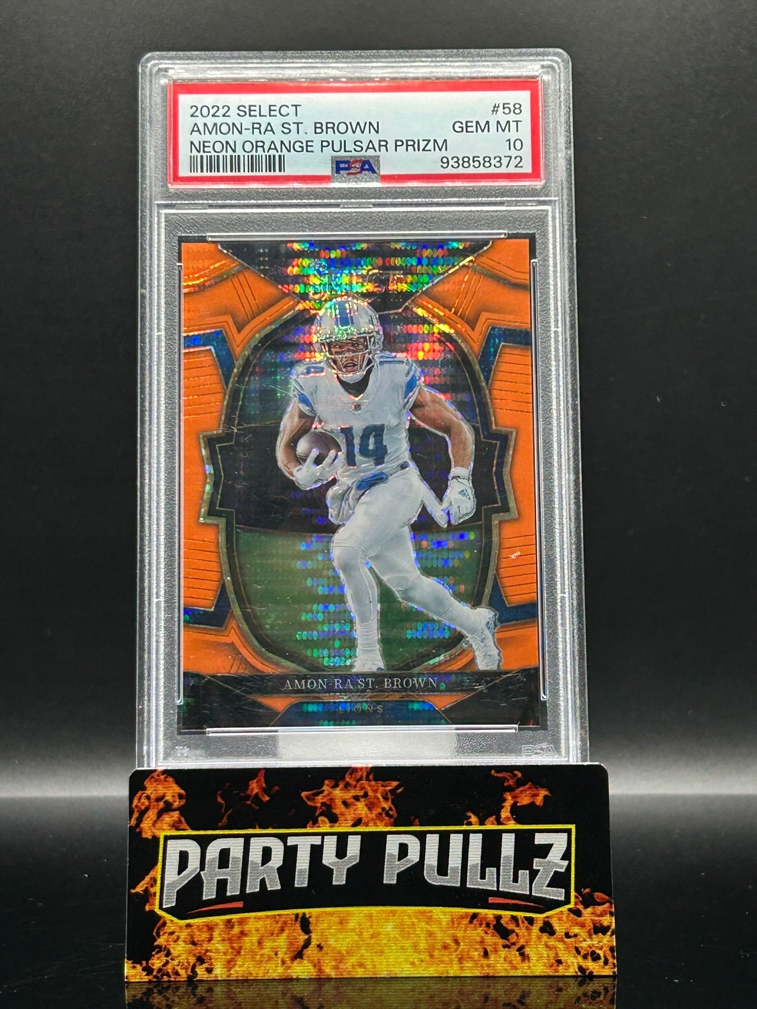 2022 Panini Select Amon-Ra St. Brown Neon Orange Pulsar Prizm #58 /7 – PSA 10 Gem Mint